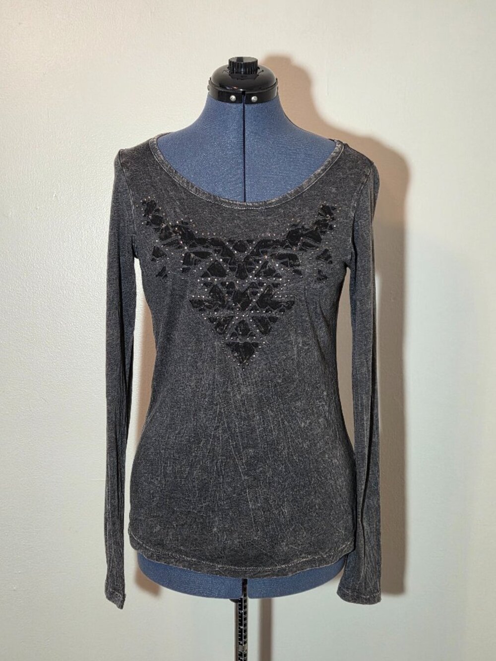 Daytrip Black and Grey Scoop Neck Long Sleeve Tee with Applique Detail